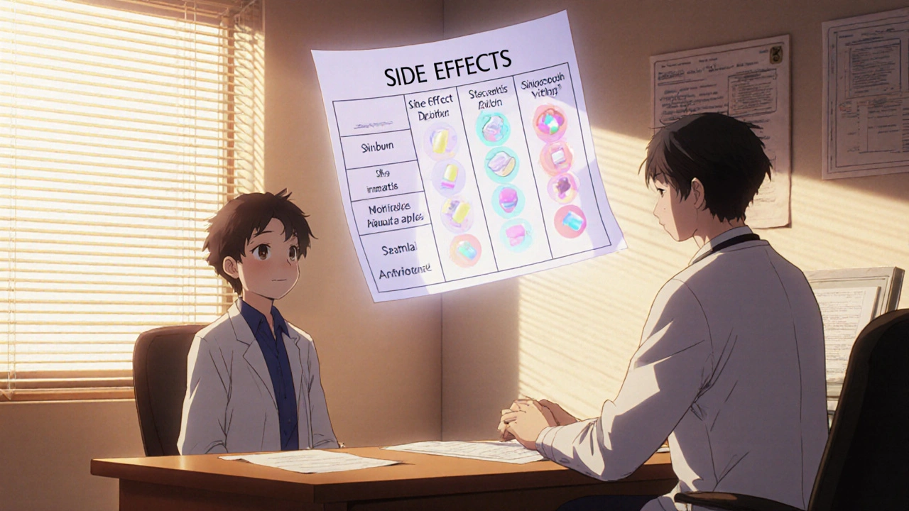 A doctor and patient in a sunlit office, with a floating animated chart comparing antibiotic side effects.