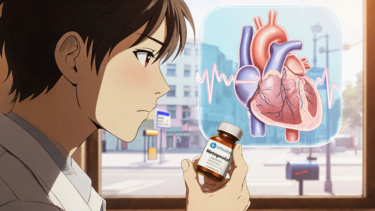 A patient holding metoprolol with a holographic heart slowing down, warm light behind them showing regained ability to move.