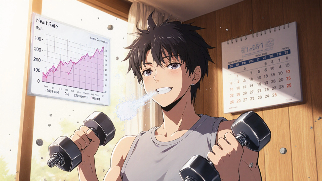 A person lifting light weights in a home gym with visual feedback showing stable heart rate and breathing.