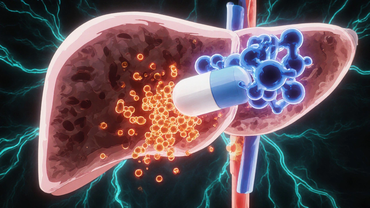 Animated liver interior showing lactate buildup and metformin particles.