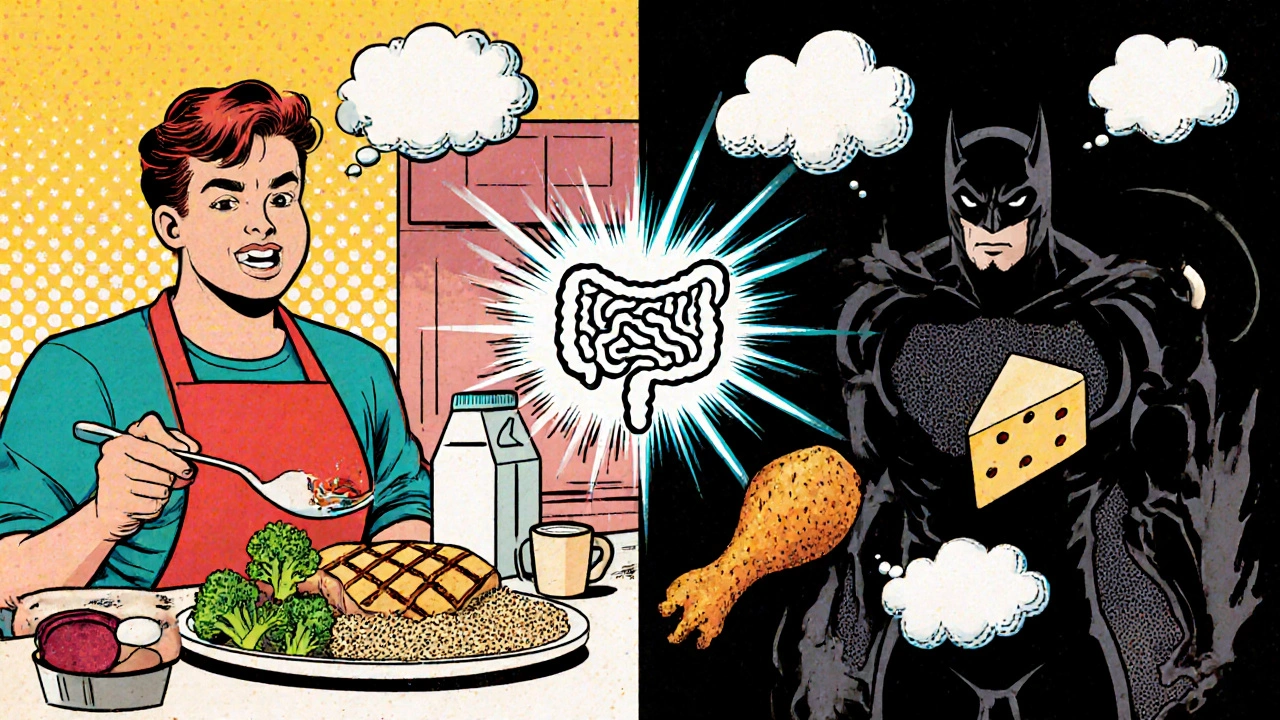 Balanced meal of chicken, broccoli, quinoa, kefir opposite crossed‑out dairy, iron, beer and fried food in split‑screen comic panel.