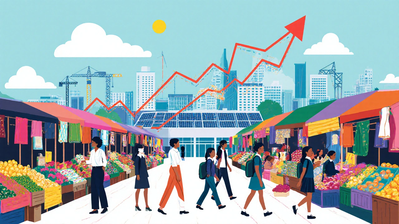 Busy market with women entrepreneurs, schoolchildren, and a growing city skyline.