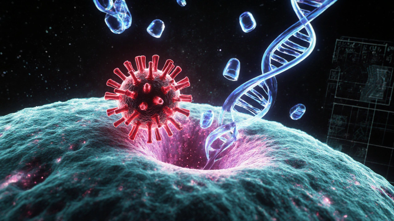 Cell interior where acyclovir molecules block herpes virus DNA replication.