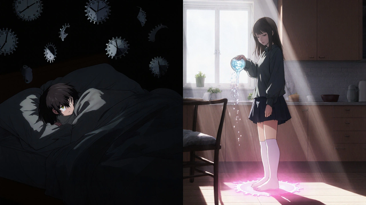 Contrasting scenes: one of a person exhausted in bed, another standing calmly in a kitchen with sunlight and a compression stocking nearby.