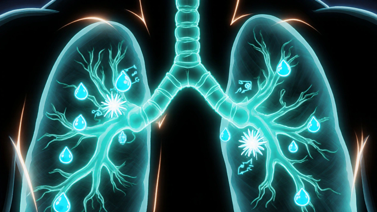 Cross‑section of lungs showing albuterol molecules binding receptors and widening airways.