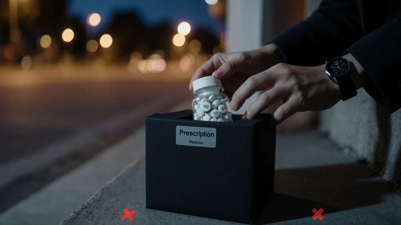 Discreet black parcel on doorstep being opened to reveal white tablets.