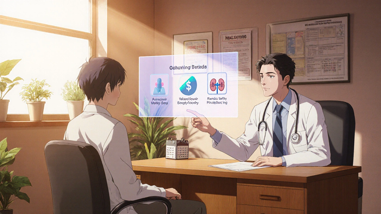 Doctor and patient reviewing a holographic chart comparing antiviral pills.