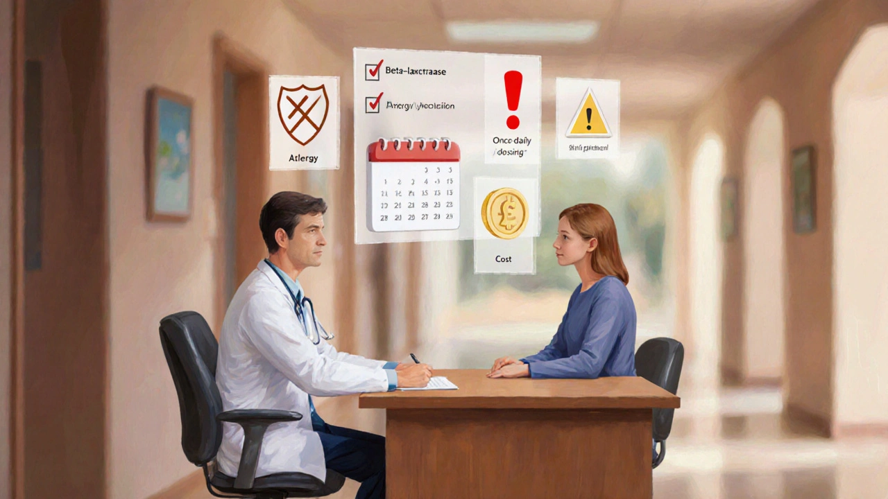 Doctor consulting patient with floating checklist icons for resistance, allergy, dosing, skin infection, and cost.