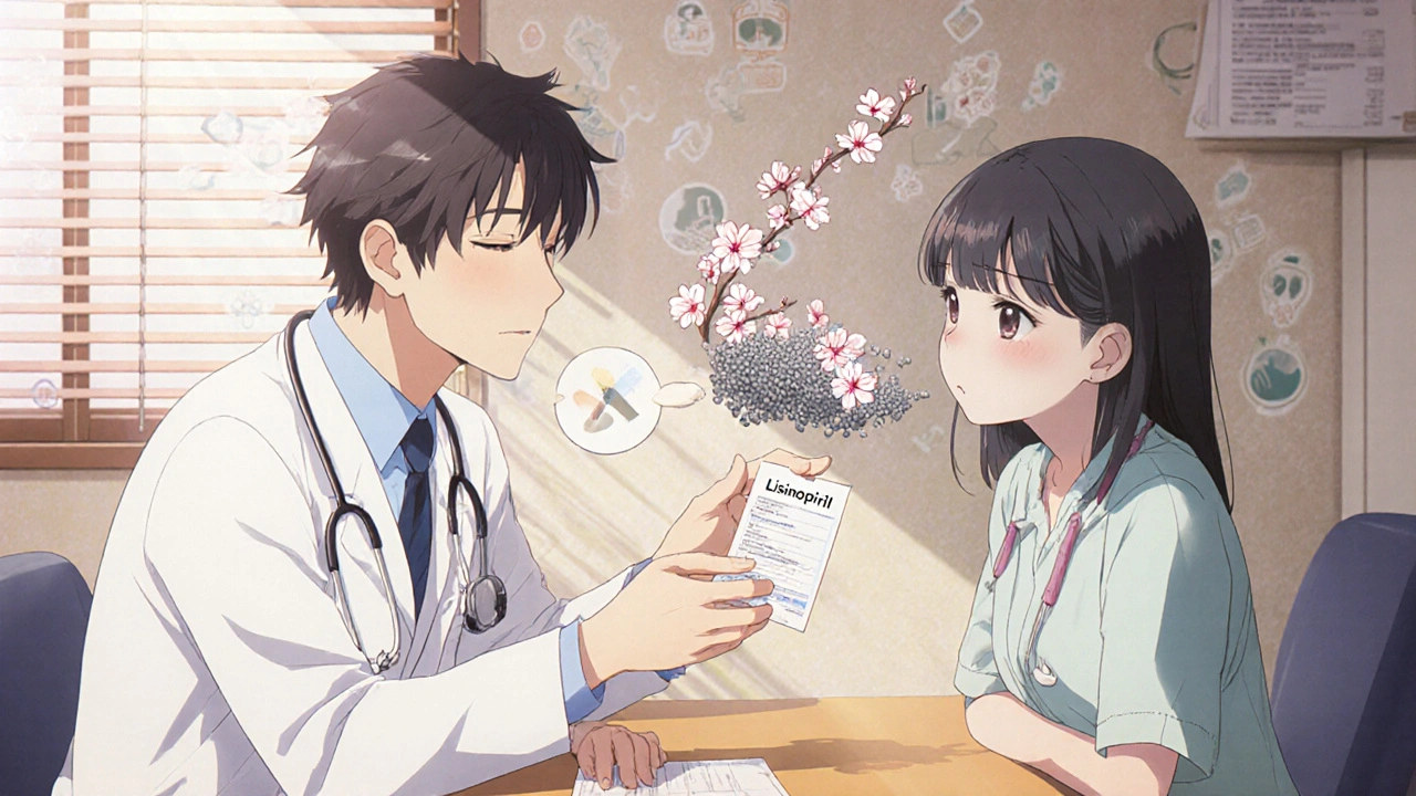 Doctor handing Lisinopril prescription as cough particles turn into cherry blossoms.