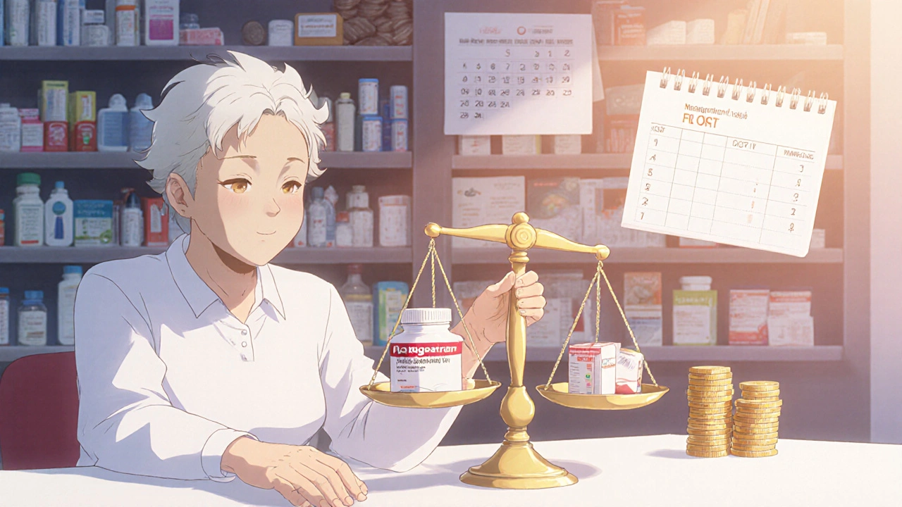 Elderly patient balances Dabigatran and Warfarin pills on a scale with coins and calendar.