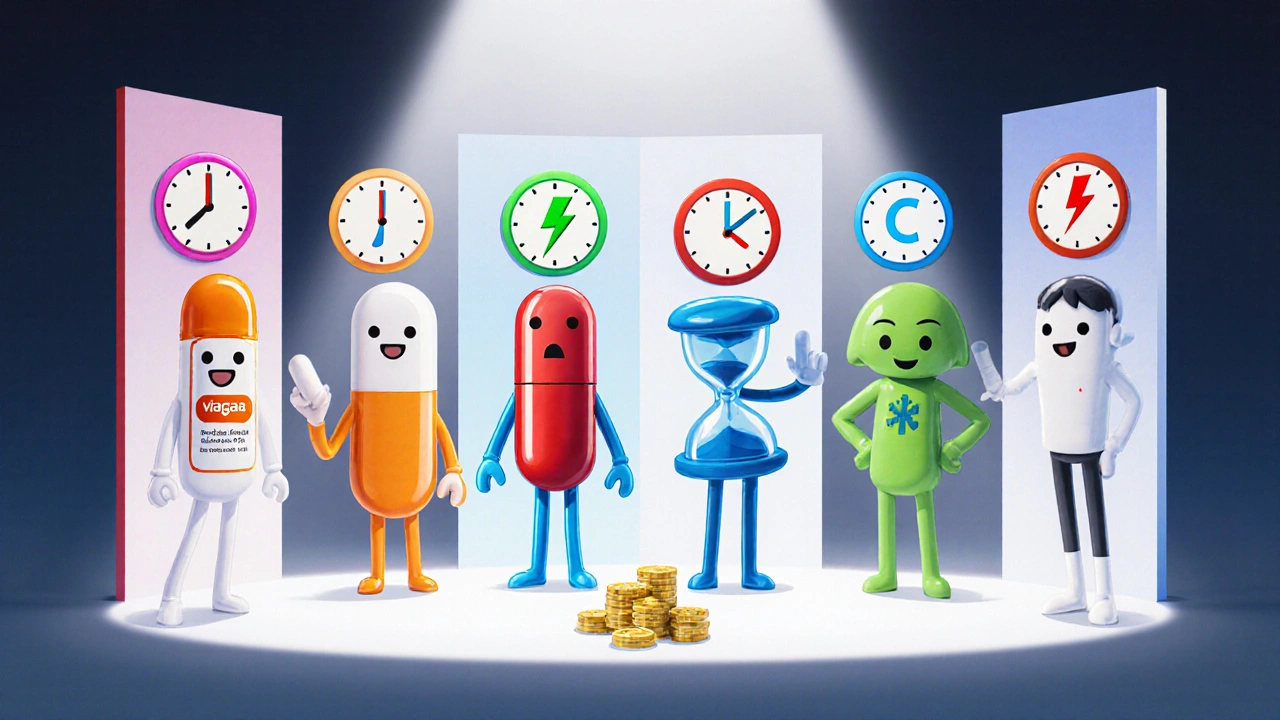 Five anime characters each representing a different ED medication with icons for onset, duration, and cost.