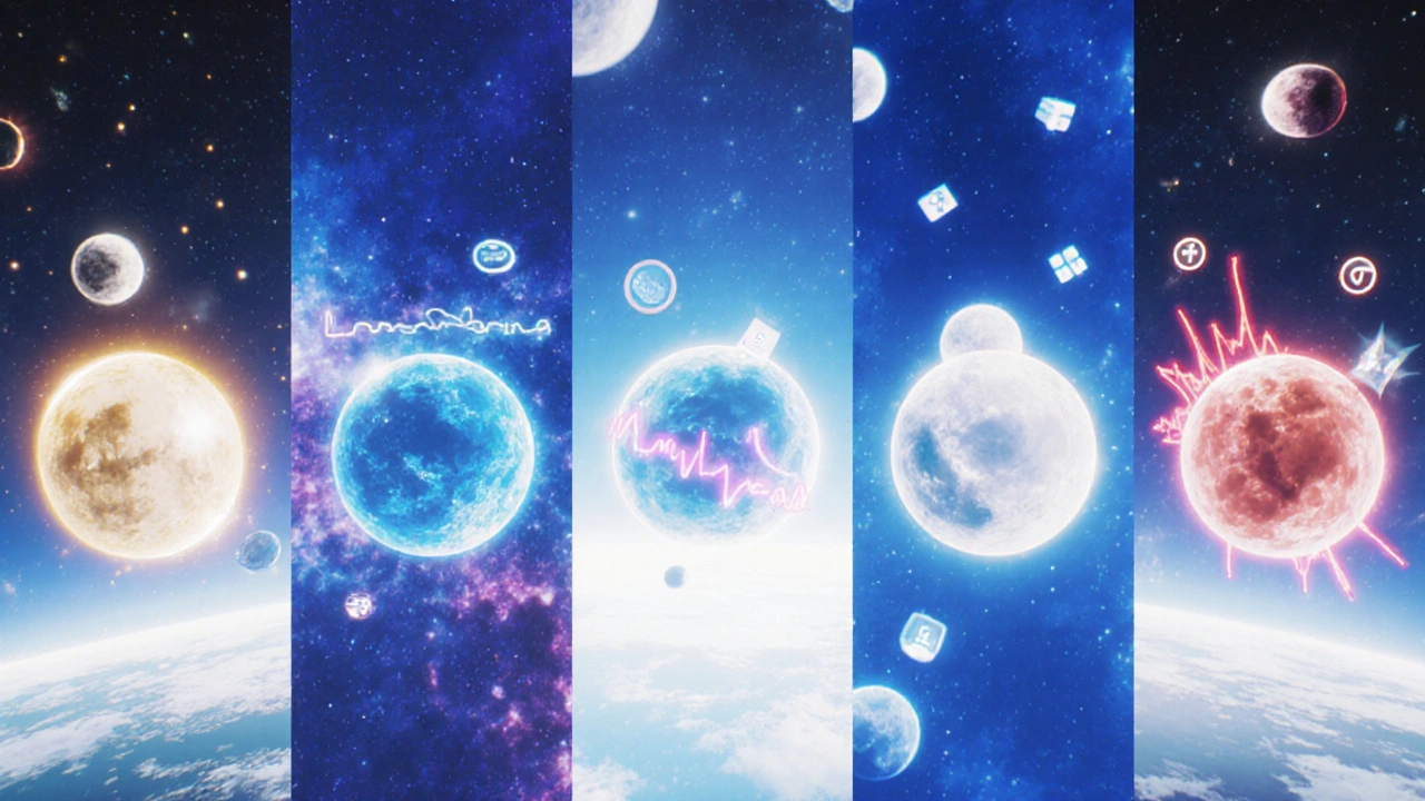 Five blood pressure medications floating like celestial bodies, each with unique visual traits.