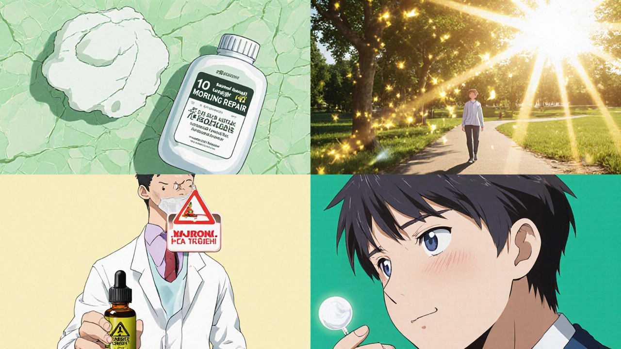 Four anime panels illustrate eczema care, safe sunlight for psoriasis, tea tree oil warning, and proper steroid use.