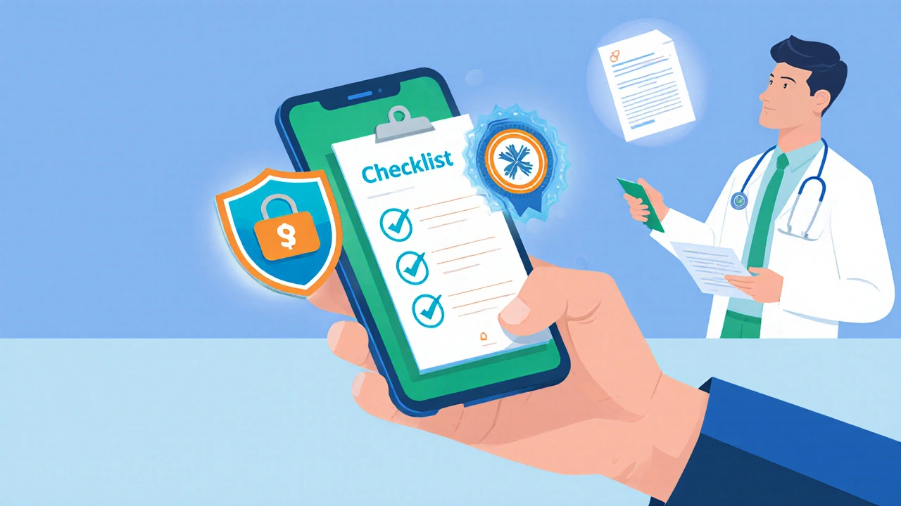 Hand with smartphone over icons for security, checklist, and regulation.