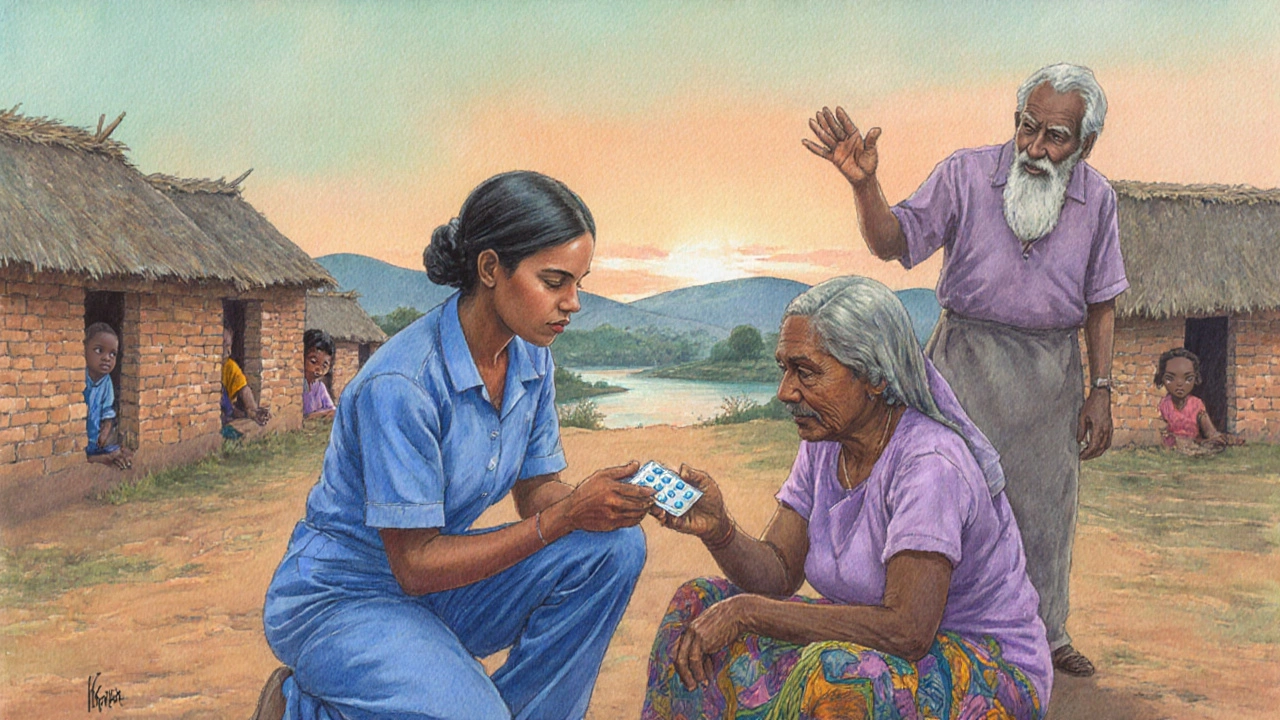 Health worker giving contraceptive pack to village woman with community support.