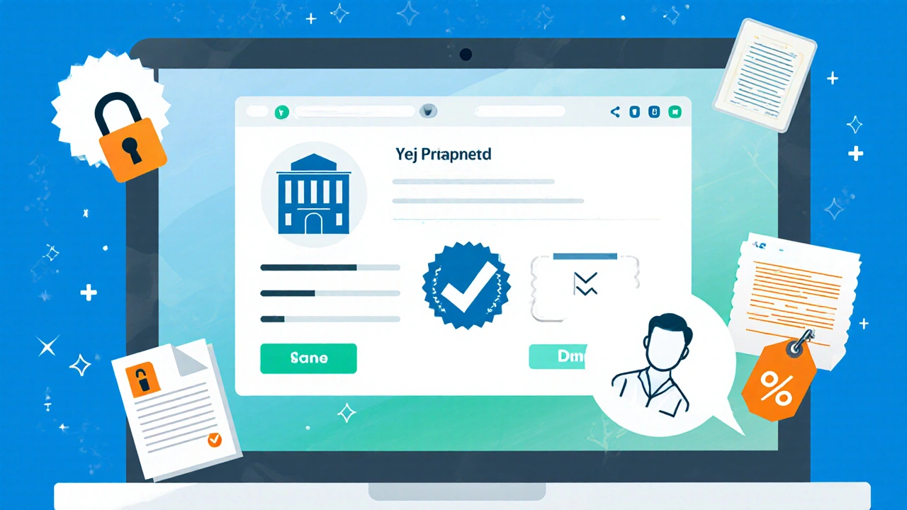 Illustration of a computer screen with address, seal, pharmacist avatar, lock, and prescription icons for pharmacy verification.
