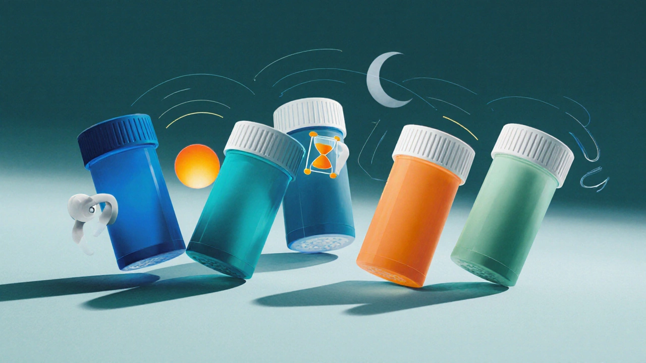 Illustration of five pill bottles with visual cues for onset and duration.