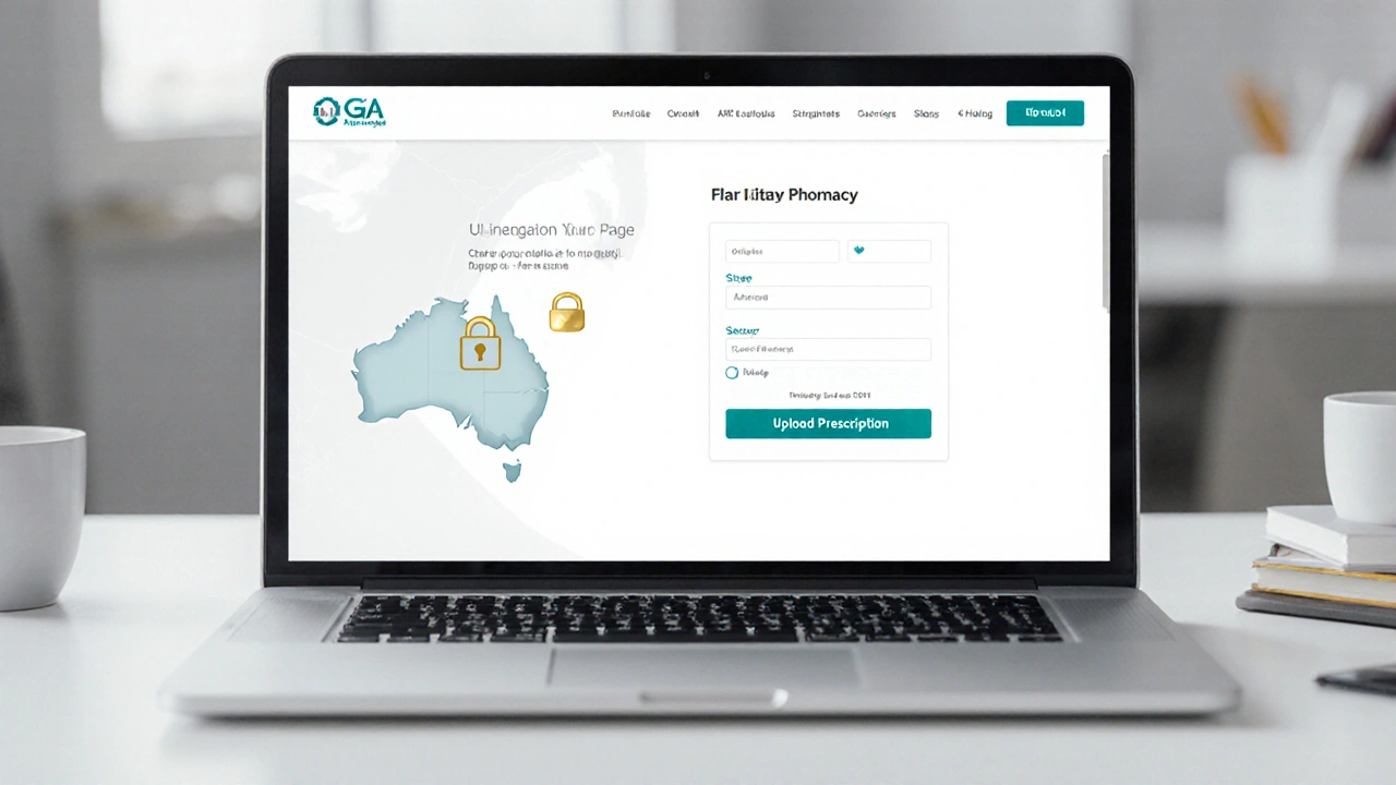 Laptop screen showing an Australian pharmacy site with TGA number and secure upload.