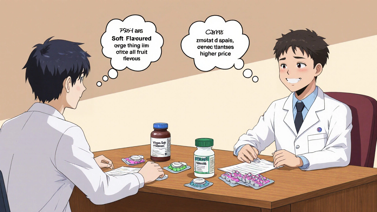 Man discussing medication options with a doctor, thought bubbles show pros and cons.