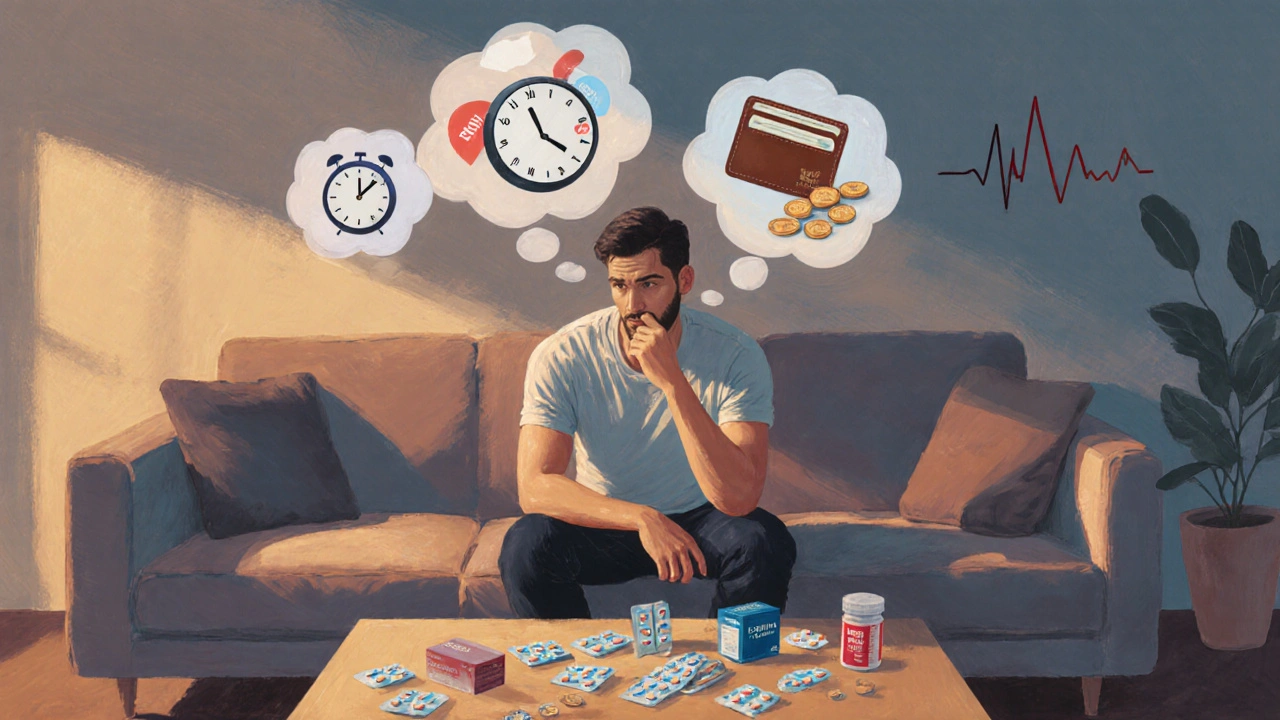 Man on a couch contemplating different ED pills with thought bubbles.