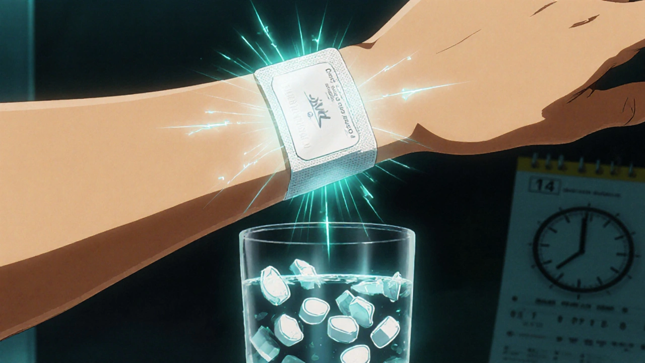 Neupro patch on arm with glowing dopamine molecules flowing into skin.