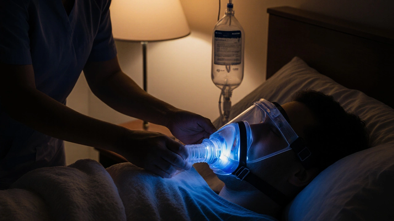Nighttime scene with patient on non‑invasive ventilator and caregiver.
