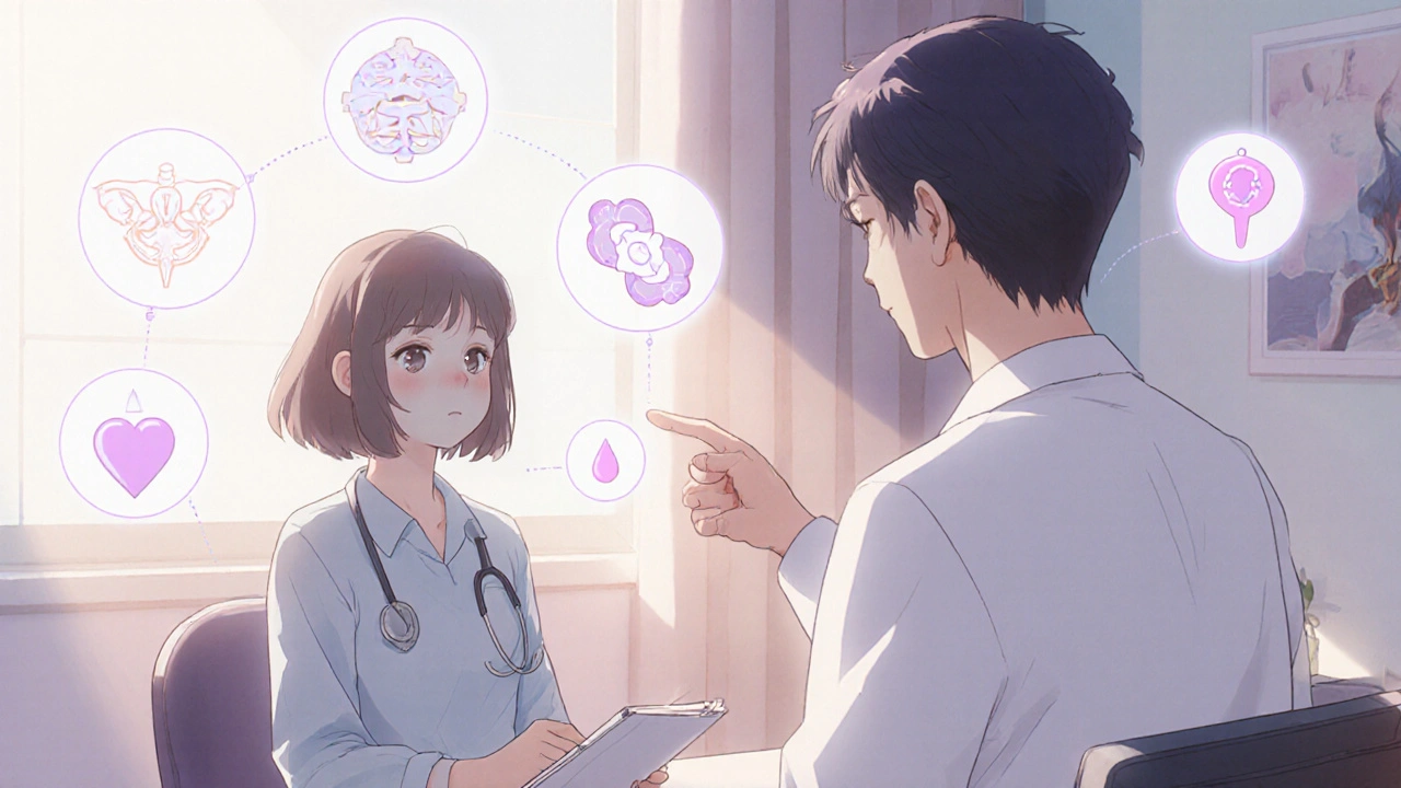 Patient and doctor discussing treatment options, surrounded by health factor symbols.
