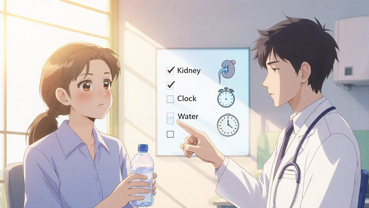 Patient and doctor reviewing a health checklist in a bright clinic.