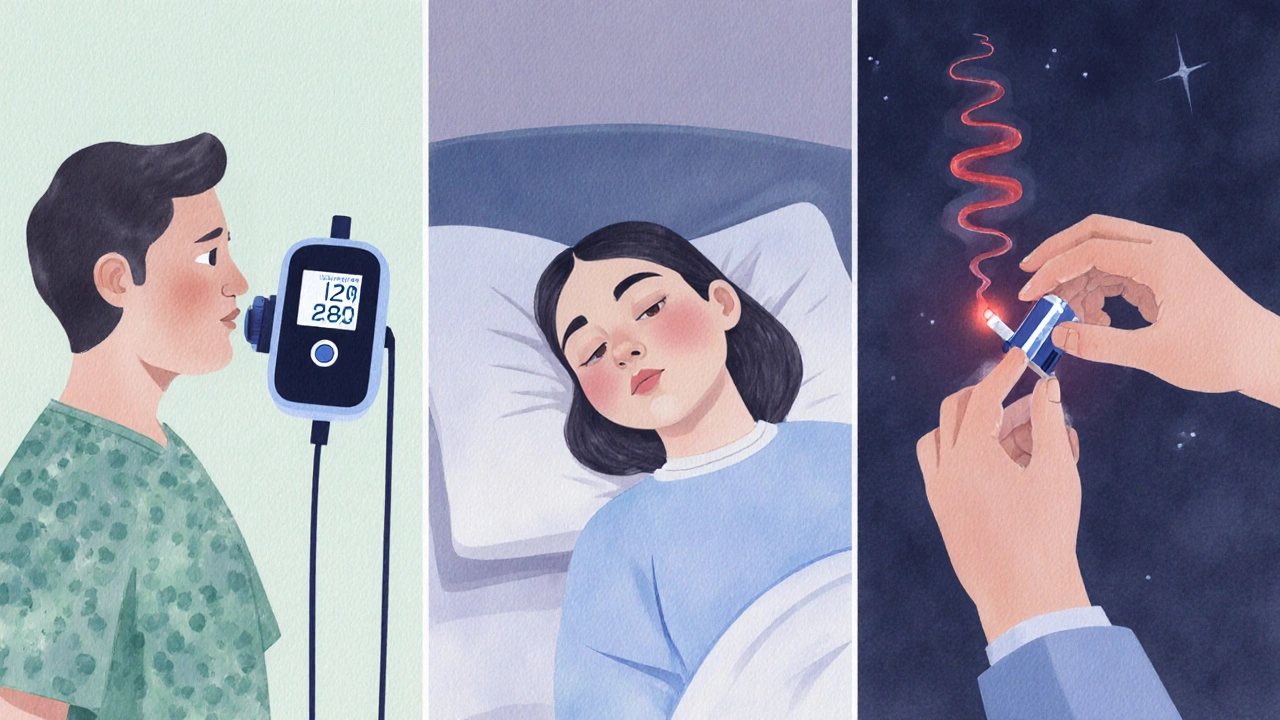 Patient using spirometer, pulse oximeter at night, and nasal sniff test.