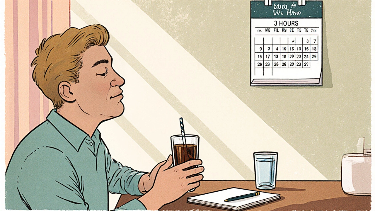 Person drinking a low‑caffeine beverage, water glass, and calendar for eye check.