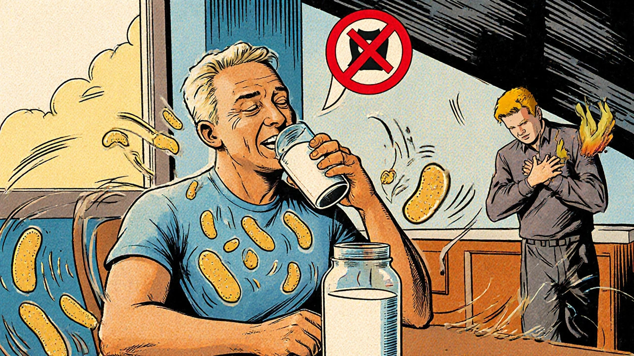 Person drinking kefir with cartoon gut bacteria, and a muted red alarm hinting at severe side effects in comic art.