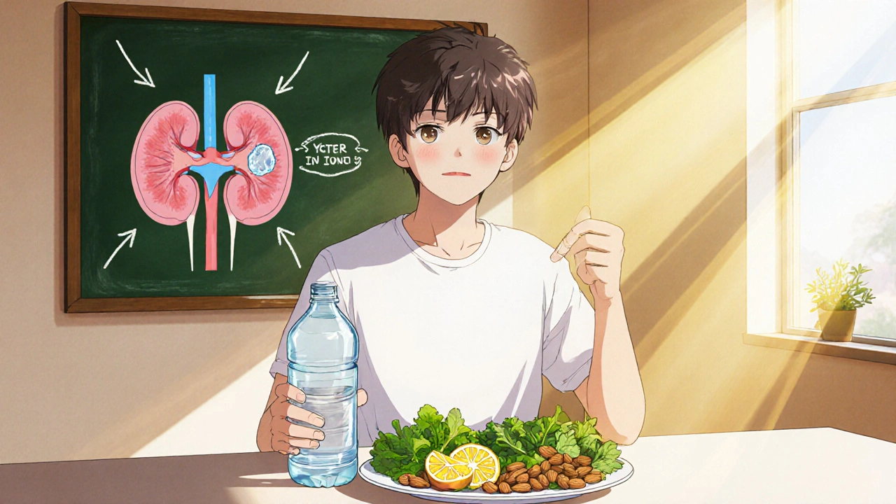 Person drinking water and eating healthy foods to prevent kidney stones.