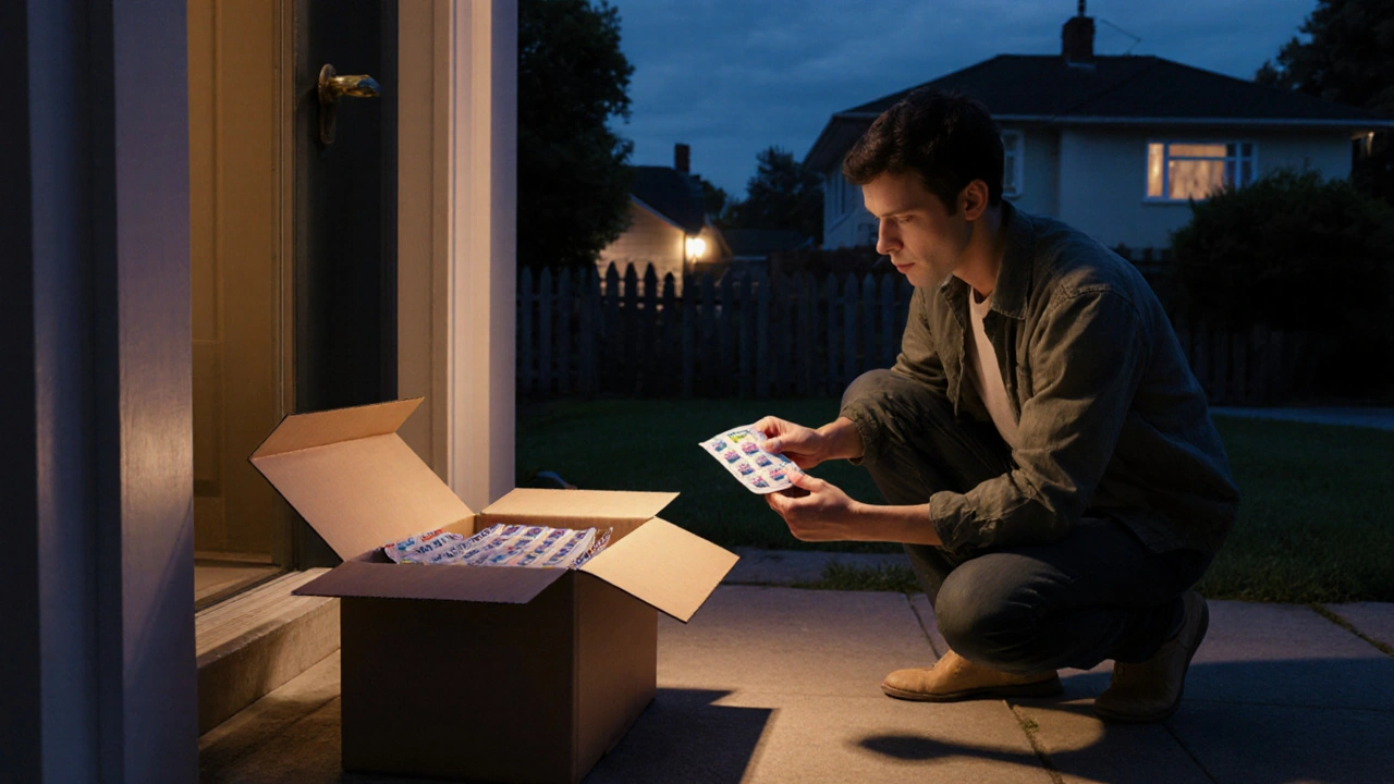 Person inspecting opened delivery box of ivermectin tablets on a porch.