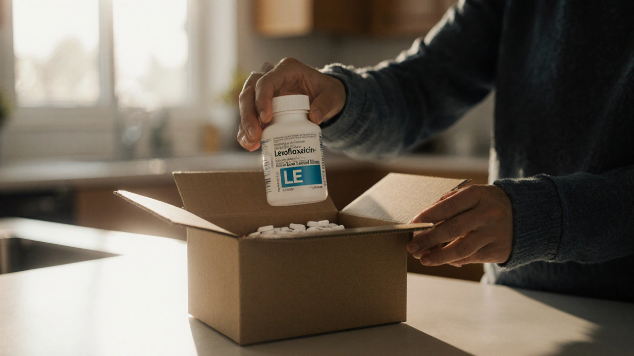 Person opening a delivery box, examining a bottle of Levofloxacin tablets.