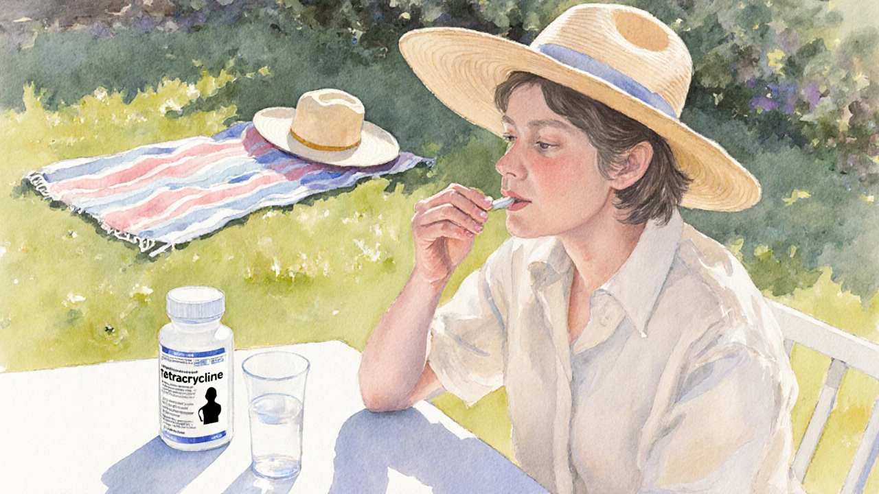 Person taking a tetracycline tablet with water at a table, bottle nearby, avoiding sun in a pastel backyard.