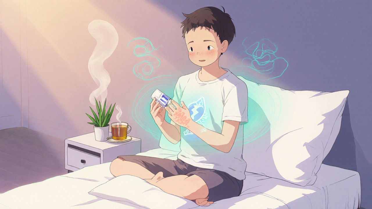 Relaxed figure applying ointment, breathing calmly, with soothing blue‑green aura.
