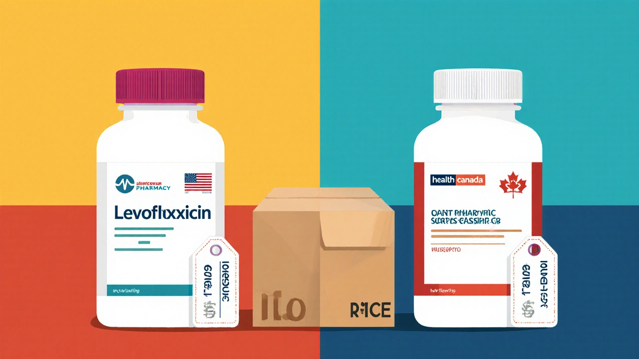 Side‑by‑side view of US and Canadian generic Levofloxacin bottles with price tags.