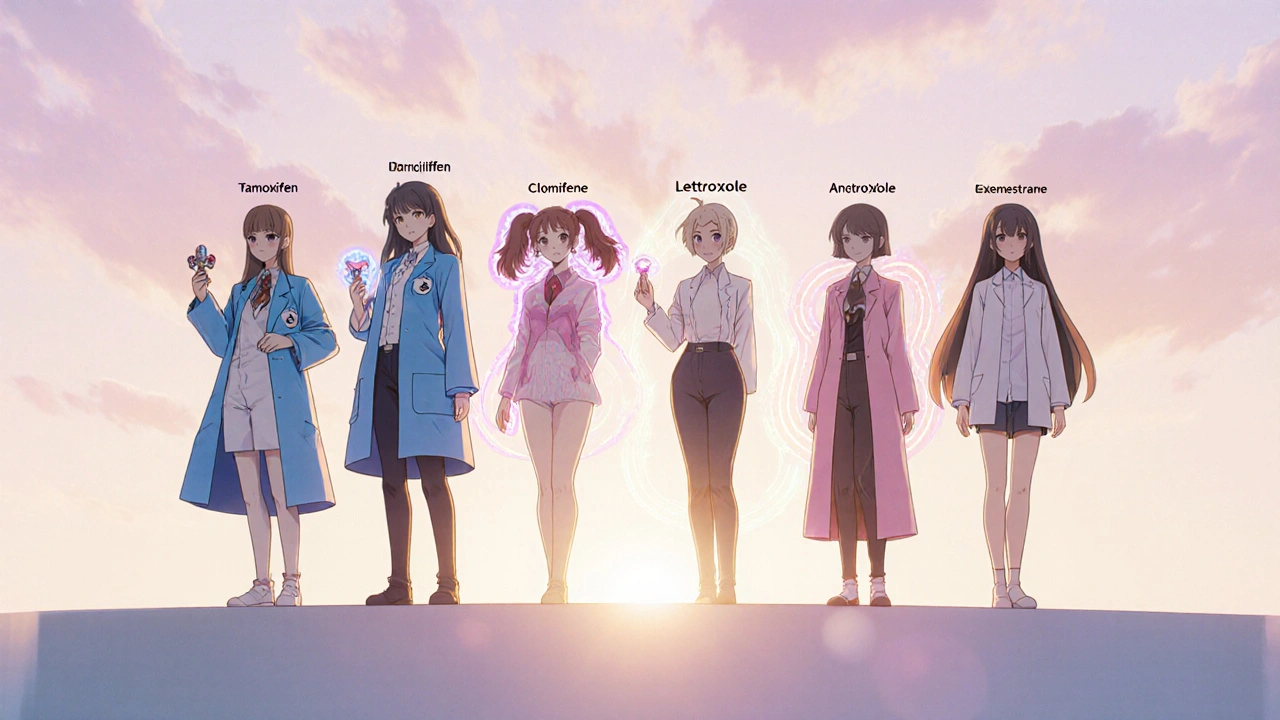 Six anime characters representing different breast cancer drugs with visual cues for effects.