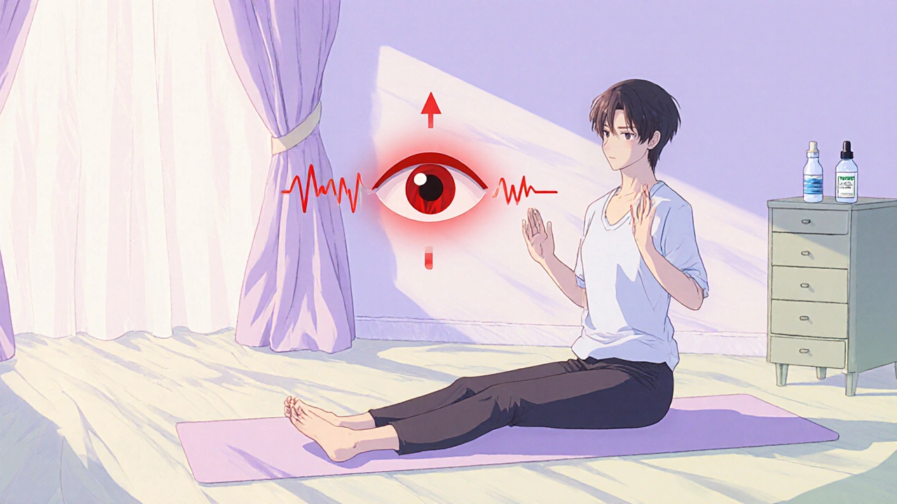 Someone doing safe seated yoga with a warning symbol above their head and an instructor offering support.