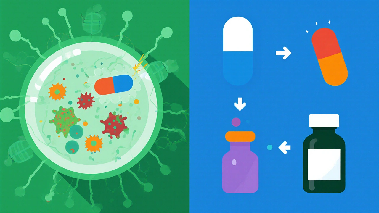 Split-screen illustration showing ampillin disrupting a bacterial cell wall and icons of alternative antibiotics.