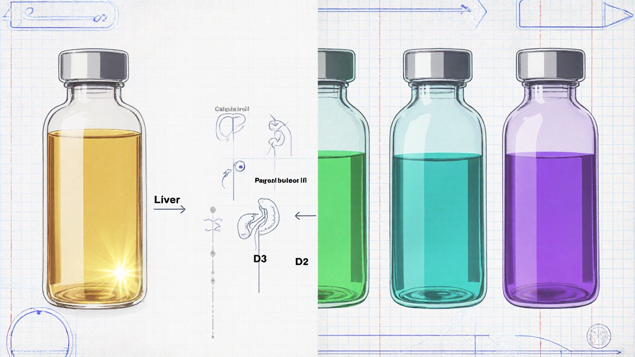 Split‑screen shows vials of Alfacalcidol and four other vitamin D analogues with activation arrows.
