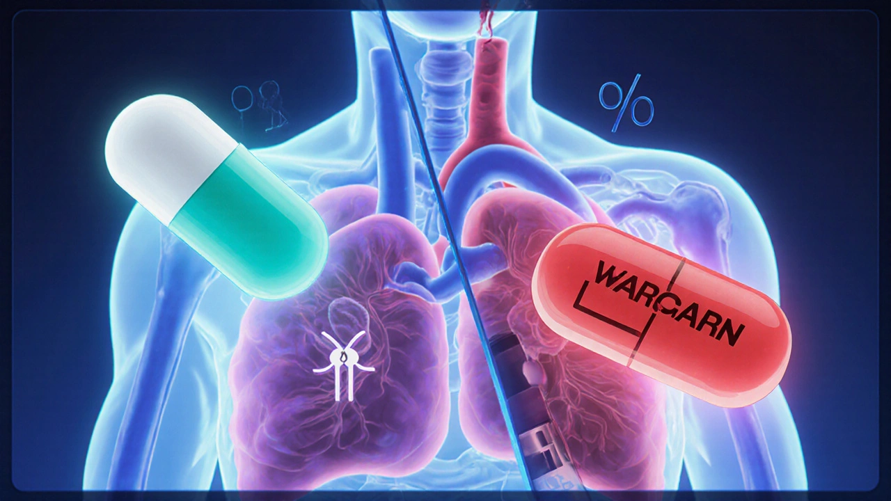 Split view of heart with Dabigatran capsule and Warfarin tablet next to stroke and bleed icons.