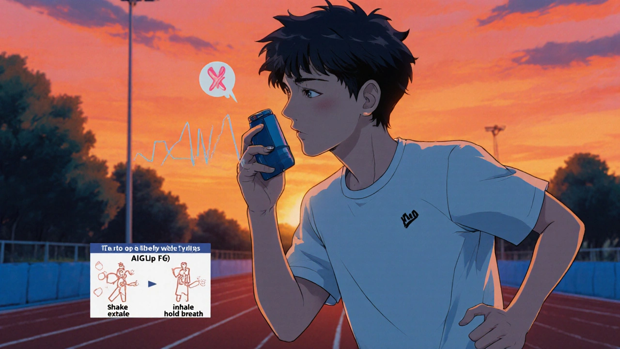Teen athlete uses inhaler before a run, with heart‑rate graphic and technique guide.