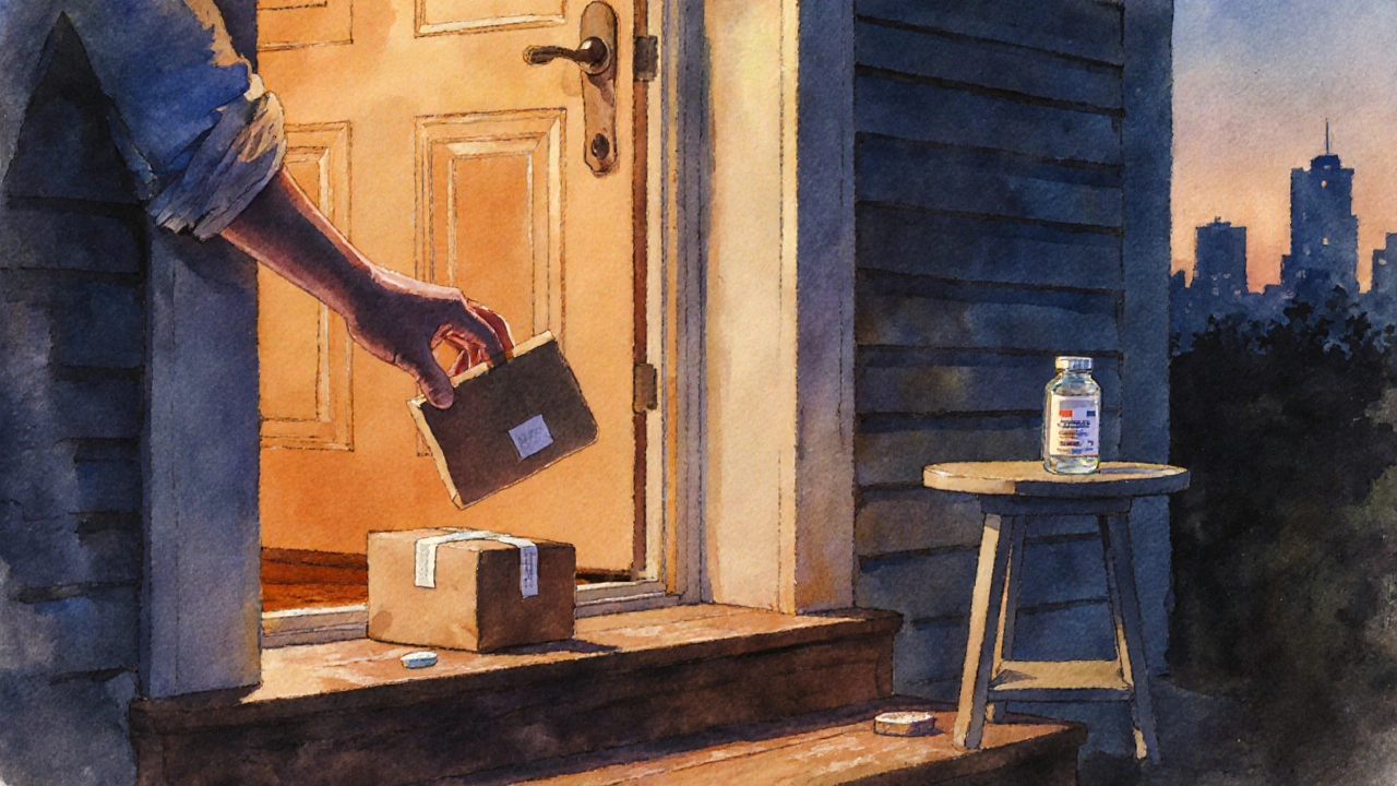 Watercolor of hand receiving a plain parcel with pill bottle beside it on a porch at dusk.