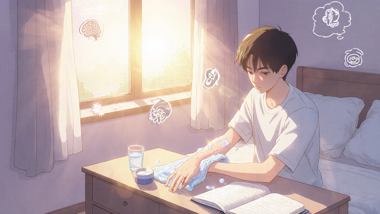 Young adult applies a cool compress, uses moisturizer, drinks water, and writes in a diary in a sunrise bedroom.