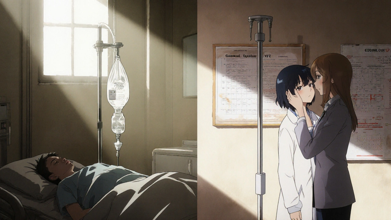 A cancer patient receiving chemotherapy next to an identical empty treatment room, doctor comforting a grieving mother.