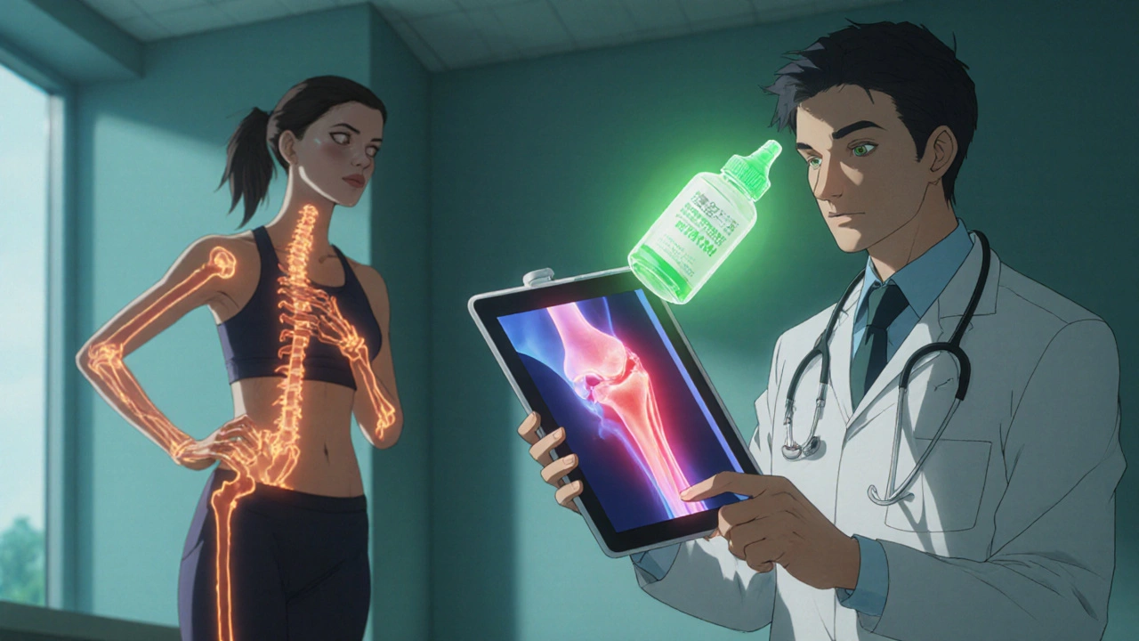 A doctor shows a holographic bone scan to an athlete, with calcitonin spray hovering nearby.