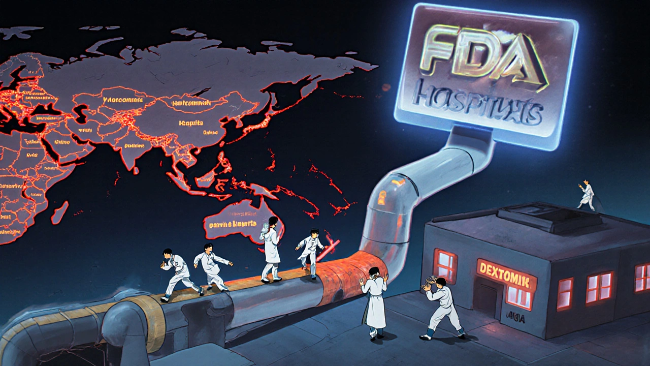 A glowing global supply chain map with red warnings over India and China, leading to a struggling U.S. hospital.