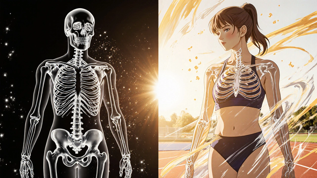 A gymnast&#039;s bones transform from fragile to strong under calcitonin therapy, surrounded by healing particles.
