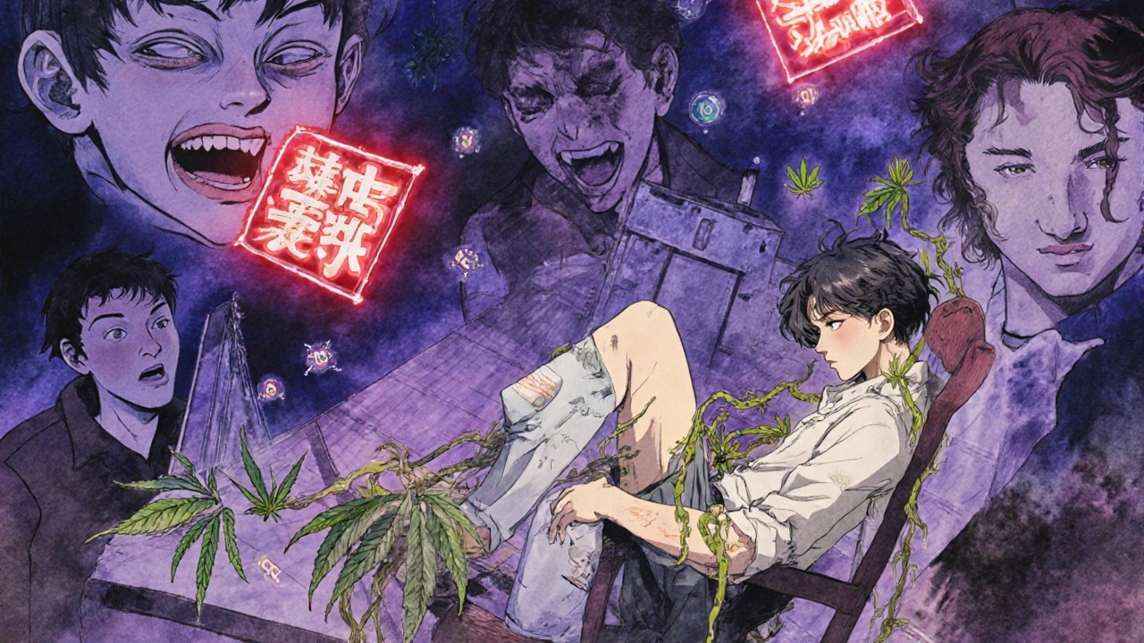 A hallucinatory dream scene with floating warnings and alcohol molecules twisting around a sedated traveler.